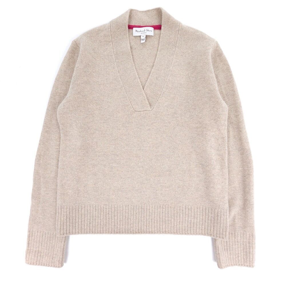 NEW Michael Stars Alena Wool Cashmere V-Neck Sweater Quiet Luxury Minimal Beige